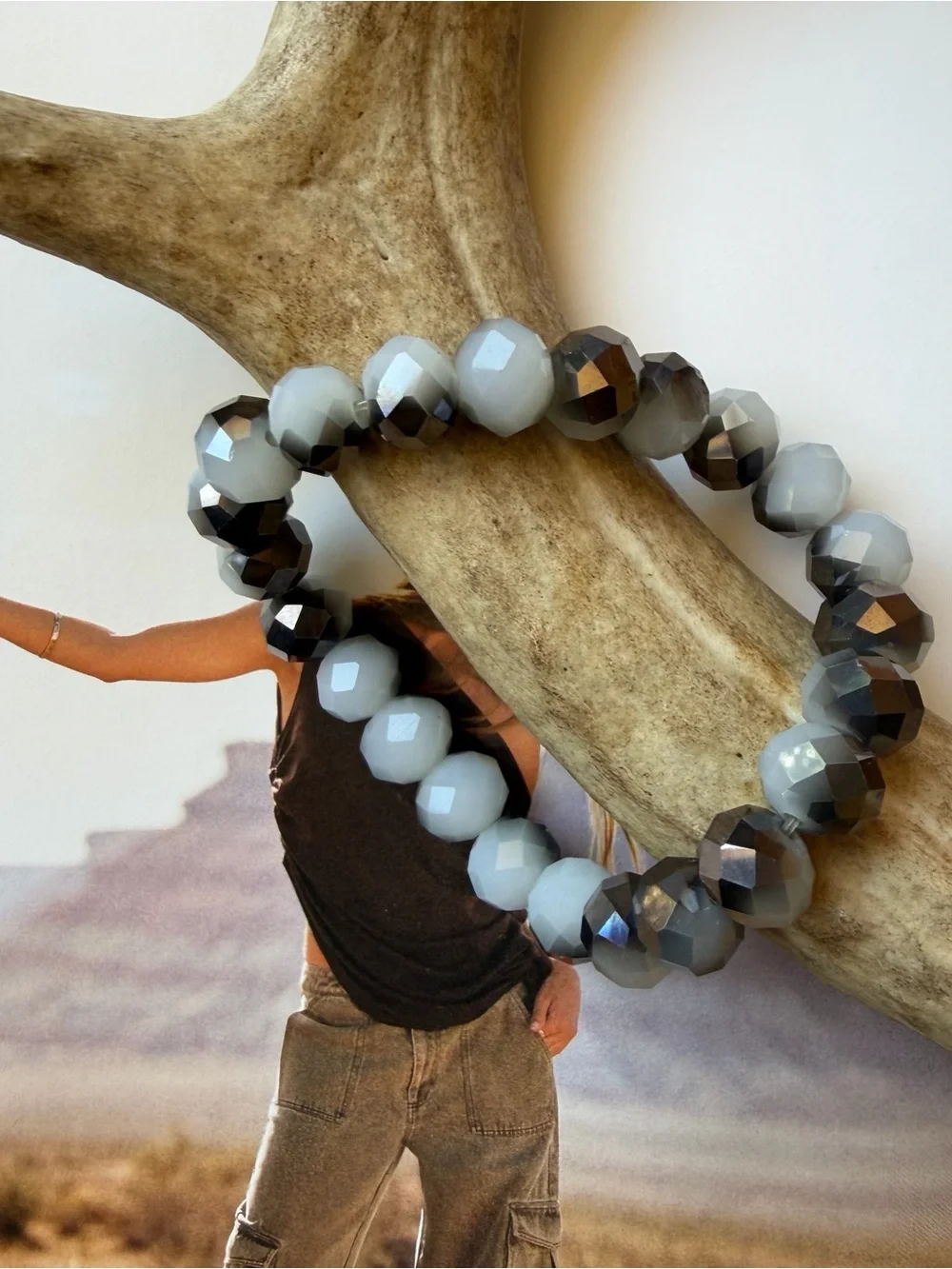 Gunmetal & Frosted Grey Faceted Crystal Bead Stretch Bracelet